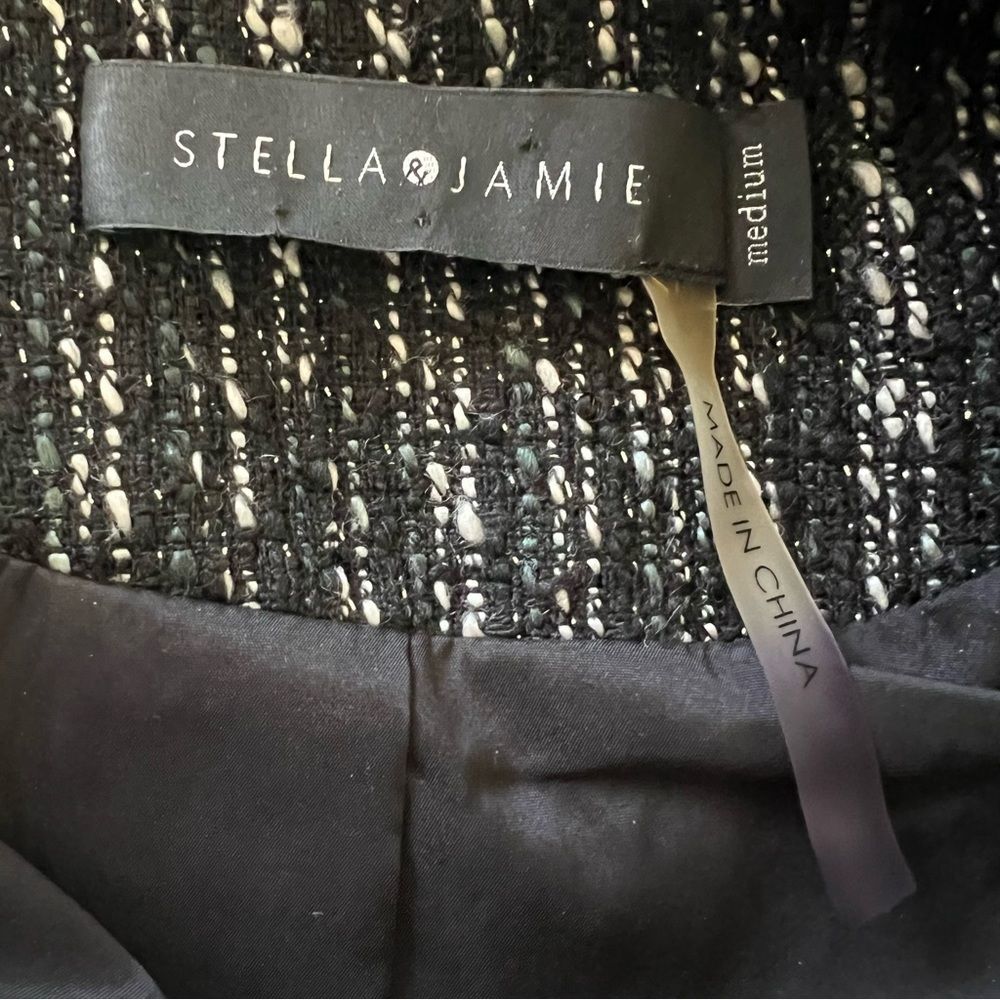 Stella & Jamie Blazer Jacket Sz M Black White Tweed Snap Closure Leather Arms - Picture 4 of 13